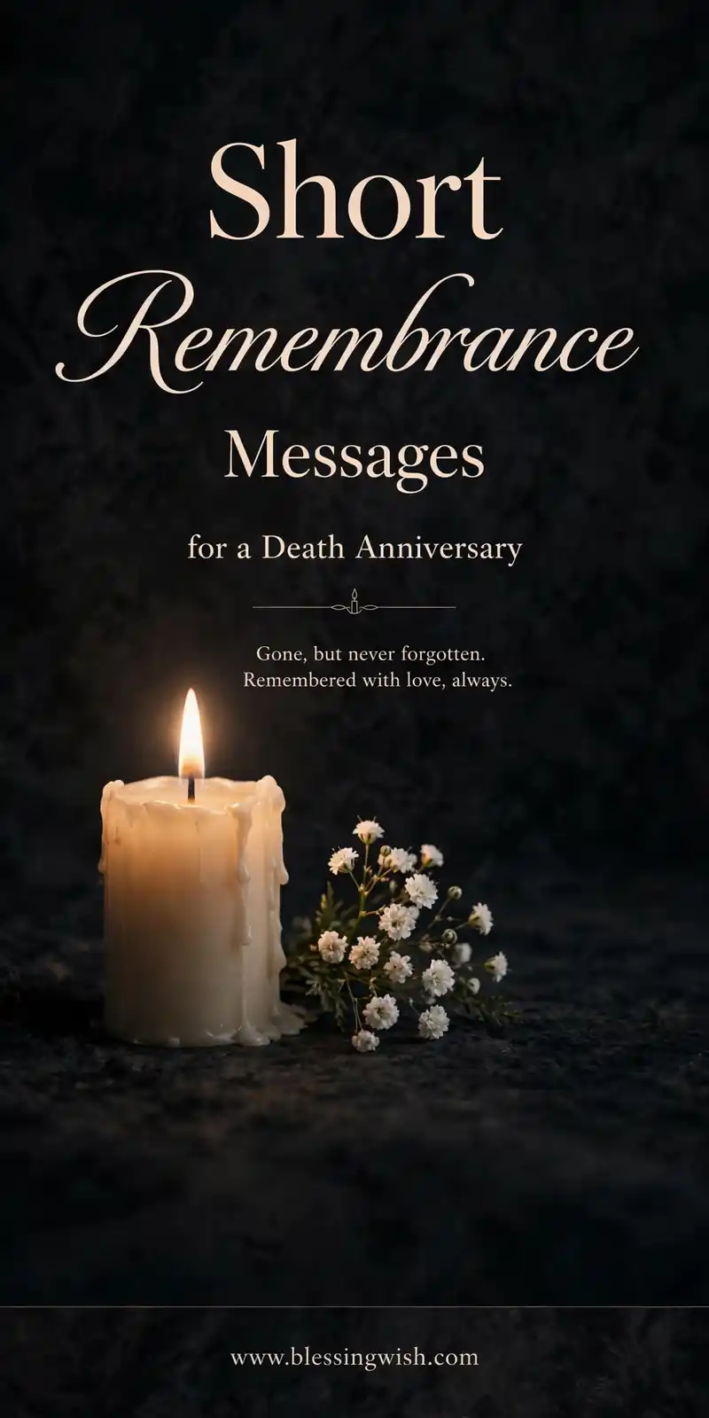 Single lit candle with small white flowers, short remembrance messages for a death anniversary