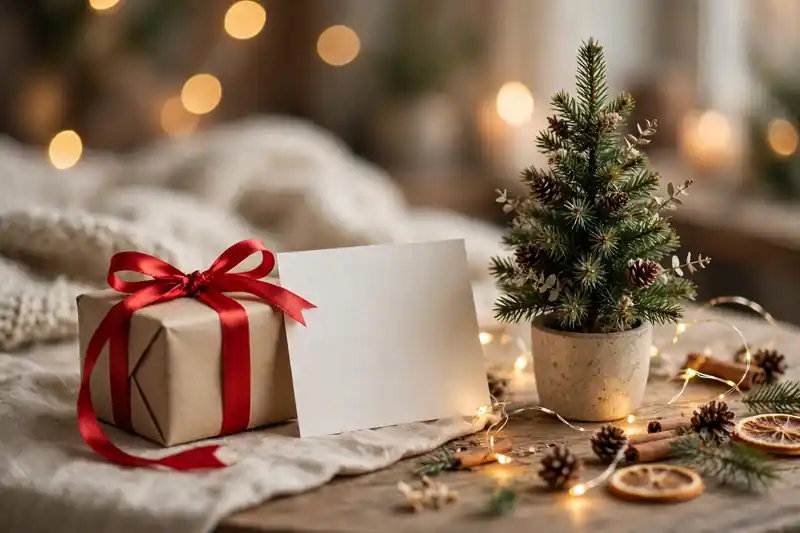 Small wrapped Christmas gift with red ribbon and card beside a miniature Christmas tree and fairy lights, short and sweet Christmas wishes for mom