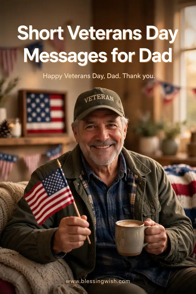 Veteran dad smiling with a small American flag and a cup of coffee at home, short Veterans Day messages for dad