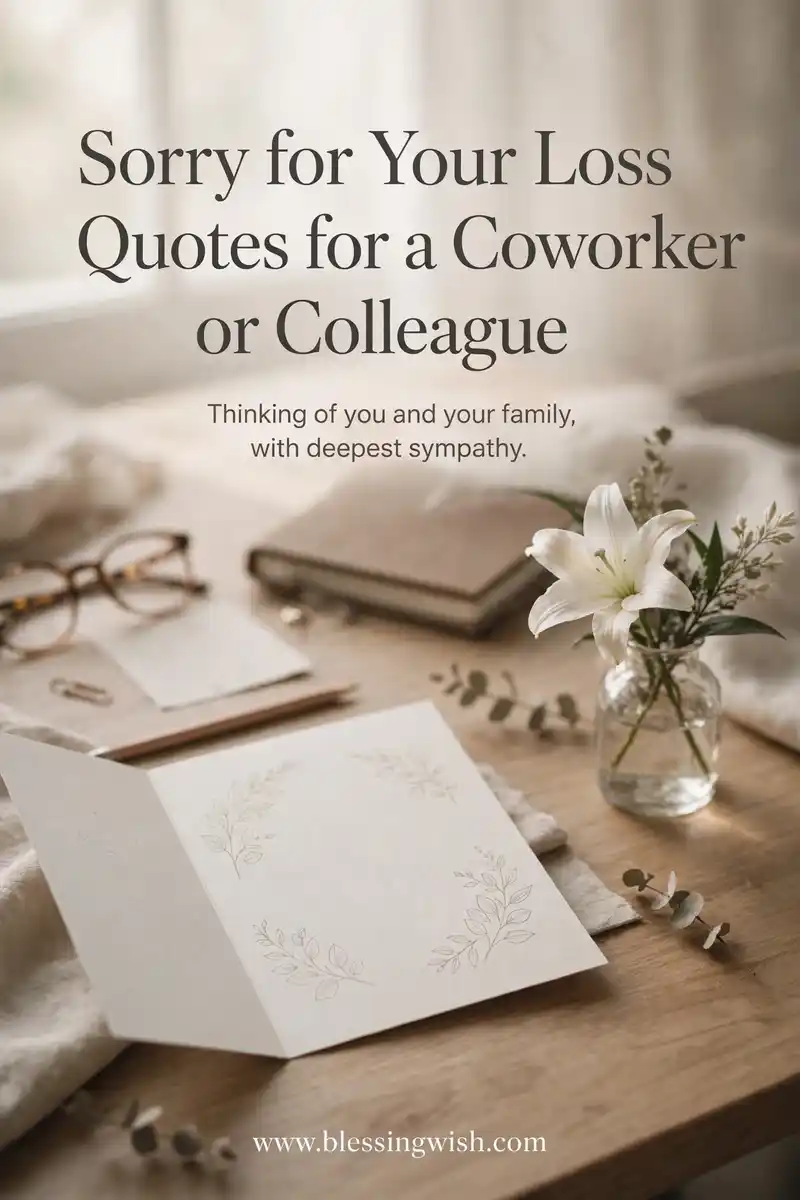 Quiet office desk with a white lily and a sympathy card, sorry for your loss quotes for a coworker or colleague
