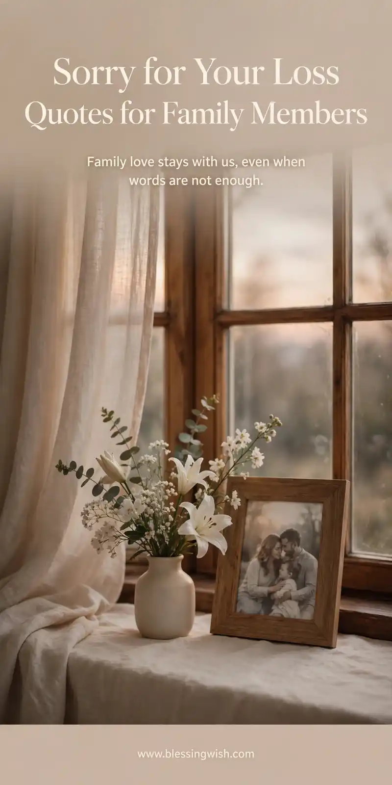 Warm family home window with a framed photo and white flowers, sorry for your loss quotes for family members