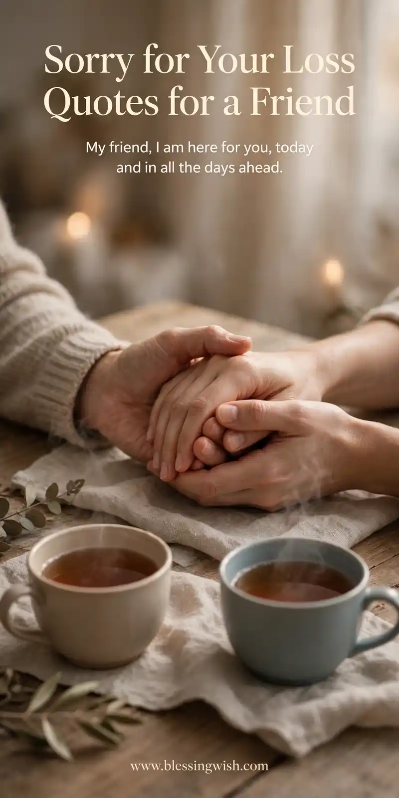 Two cups of tea and a hand gently holding another, sorry for your loss quotes for a friend