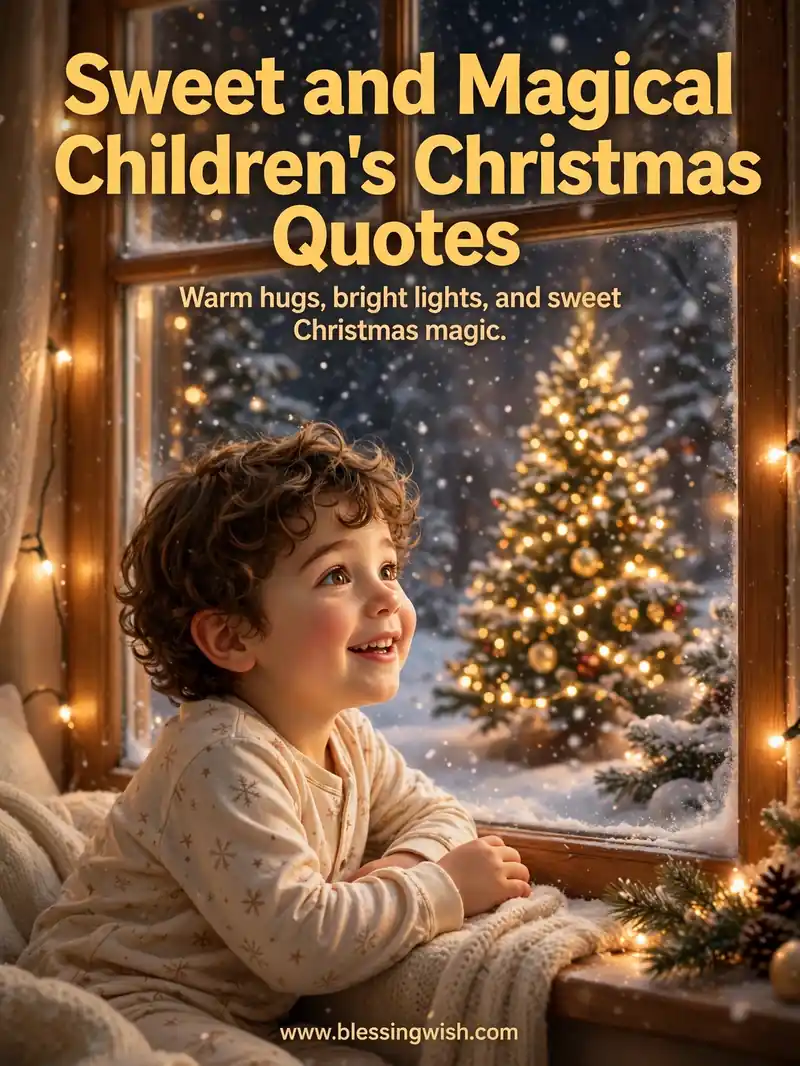 Child in cozy pajamas gazing in wonder at a sparkling decorated Christmas tree with warm lights and snow outside, sweet magical children's Christmas quotes