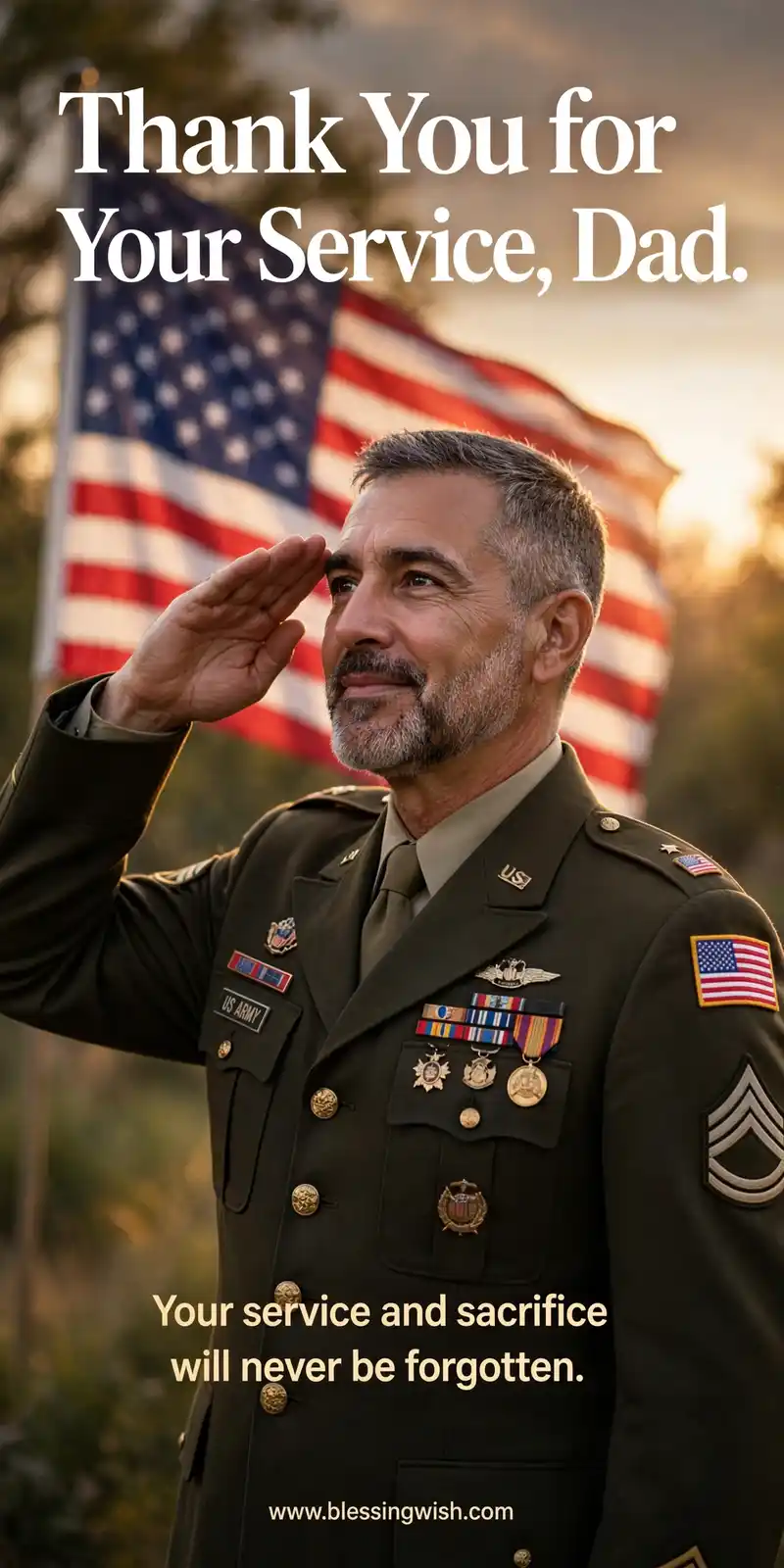 Veteran dad in uniform saluting with an American flag behind him, thank you for your service dad Veterans Day messages of gratitude