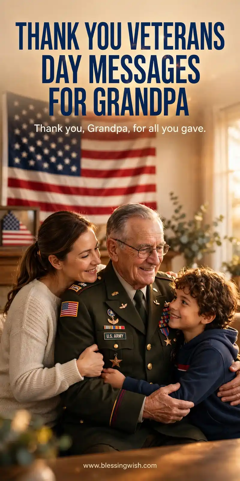 Veteran grandpa in uniform receiving thanks from family with an American flag behind him, thank you Veterans Day messages for grandpa