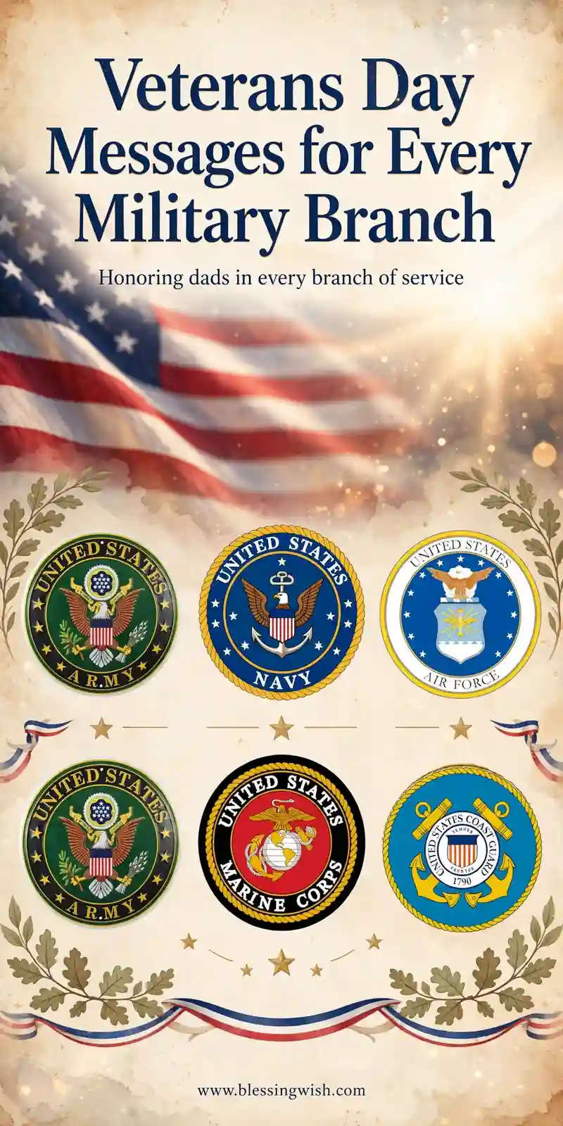 Respectful display of Army, Navy, Air Force, Marine Corps, and Coast Guard seals honoring all branches, Veterans Day messages for dad in every military branch