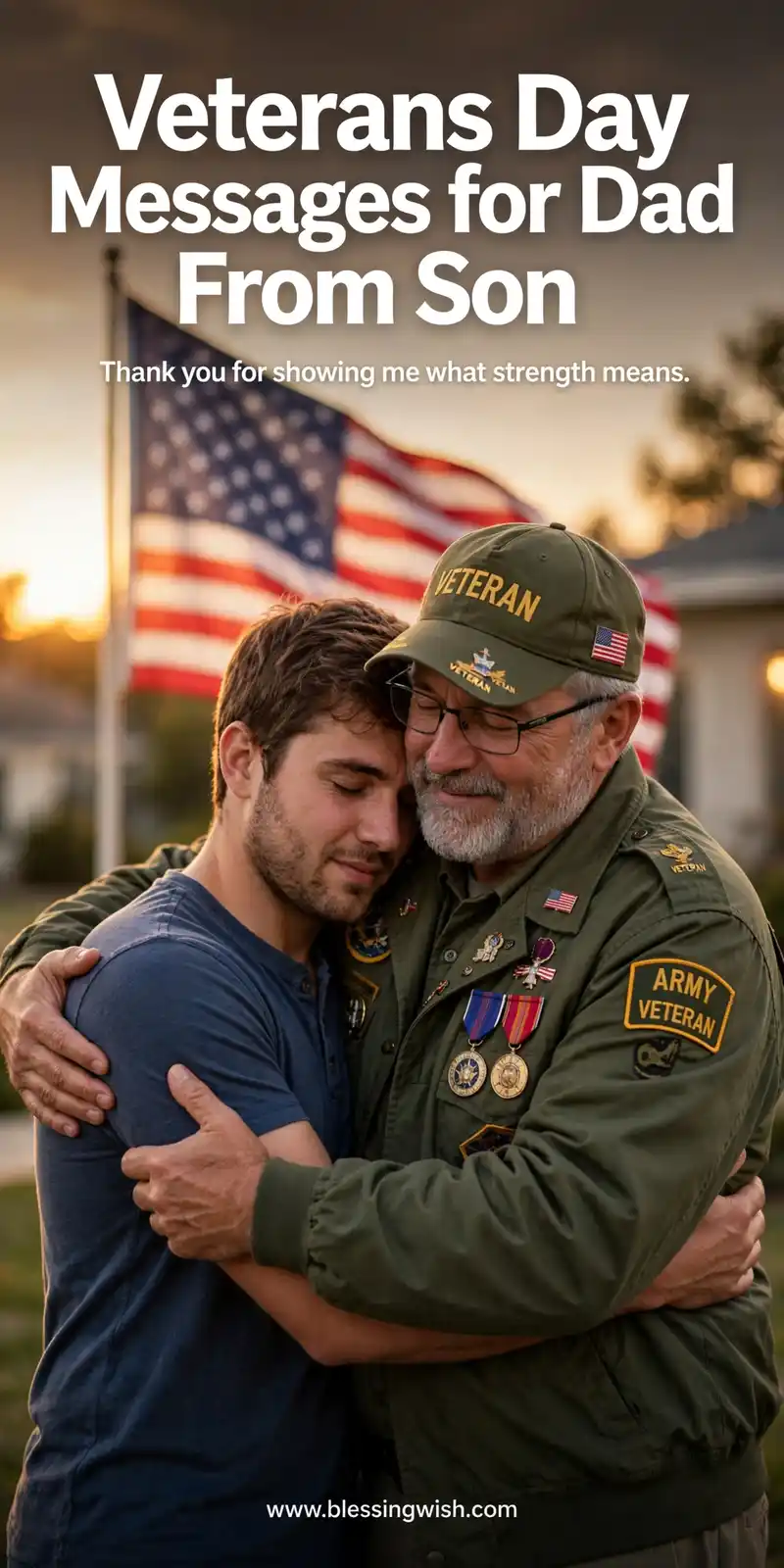 Son hugging his veteran dad proudly with an American flag in the background, Veterans Day messages for dad from son