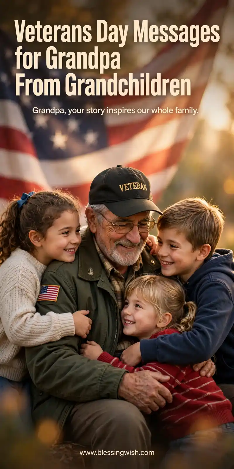 Grandchildren warmly surrounding their veteran grandpa with an American flag softly in the background, Veterans Day messages for grandpa from grandchildren