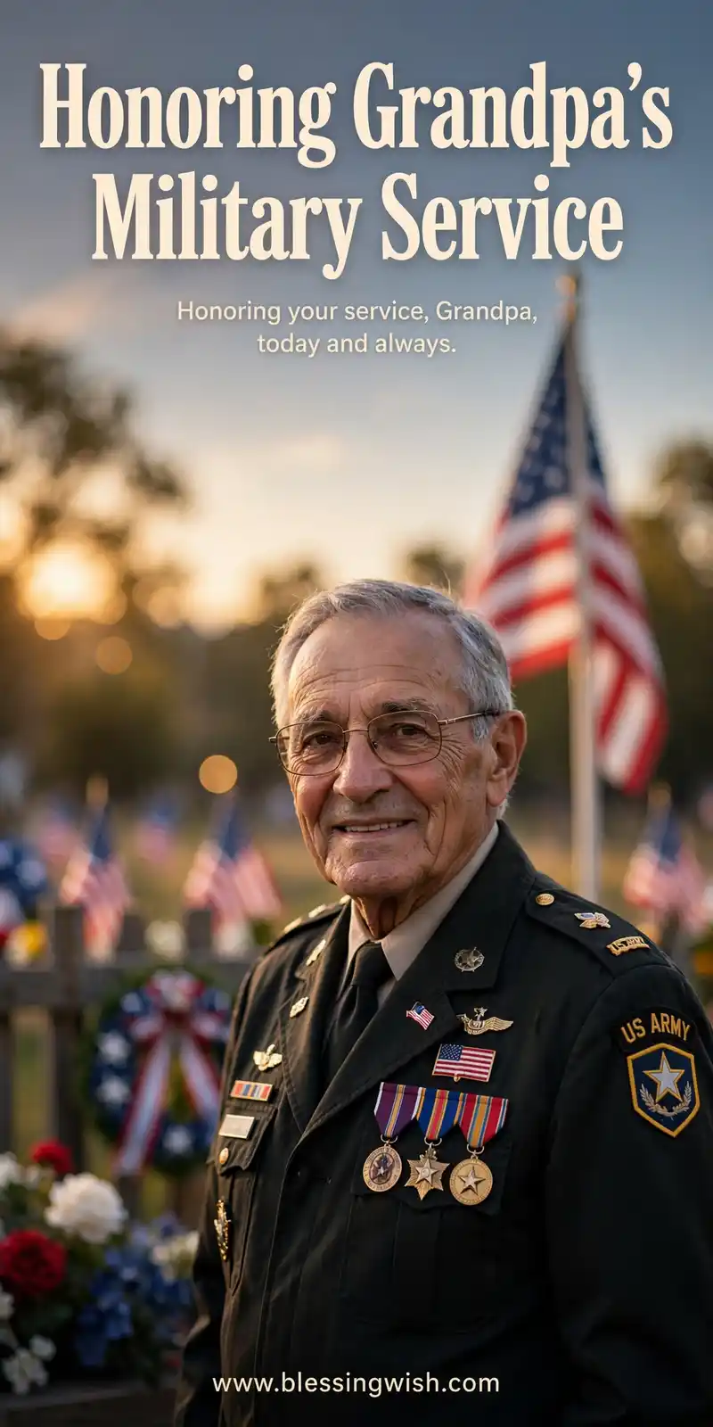 Veteran grandpa in uniform with medals standing proudly before American flags, Veterans Day messages honoring grandpa's military service