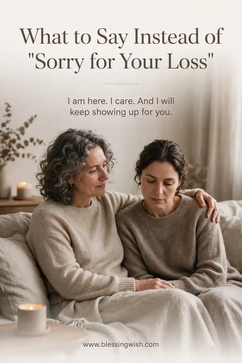 Two people sitting quietly together, one with a gentle hand on the other's shoulder, what to say instead of sorry for your loss