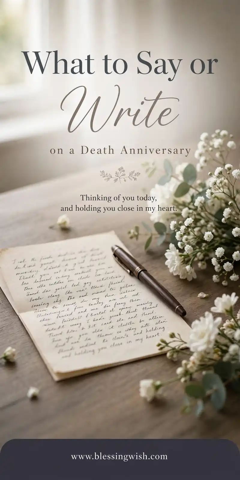 Handwritten letter, pen and white flowers on a wooden table, what to say or write on a death anniversary