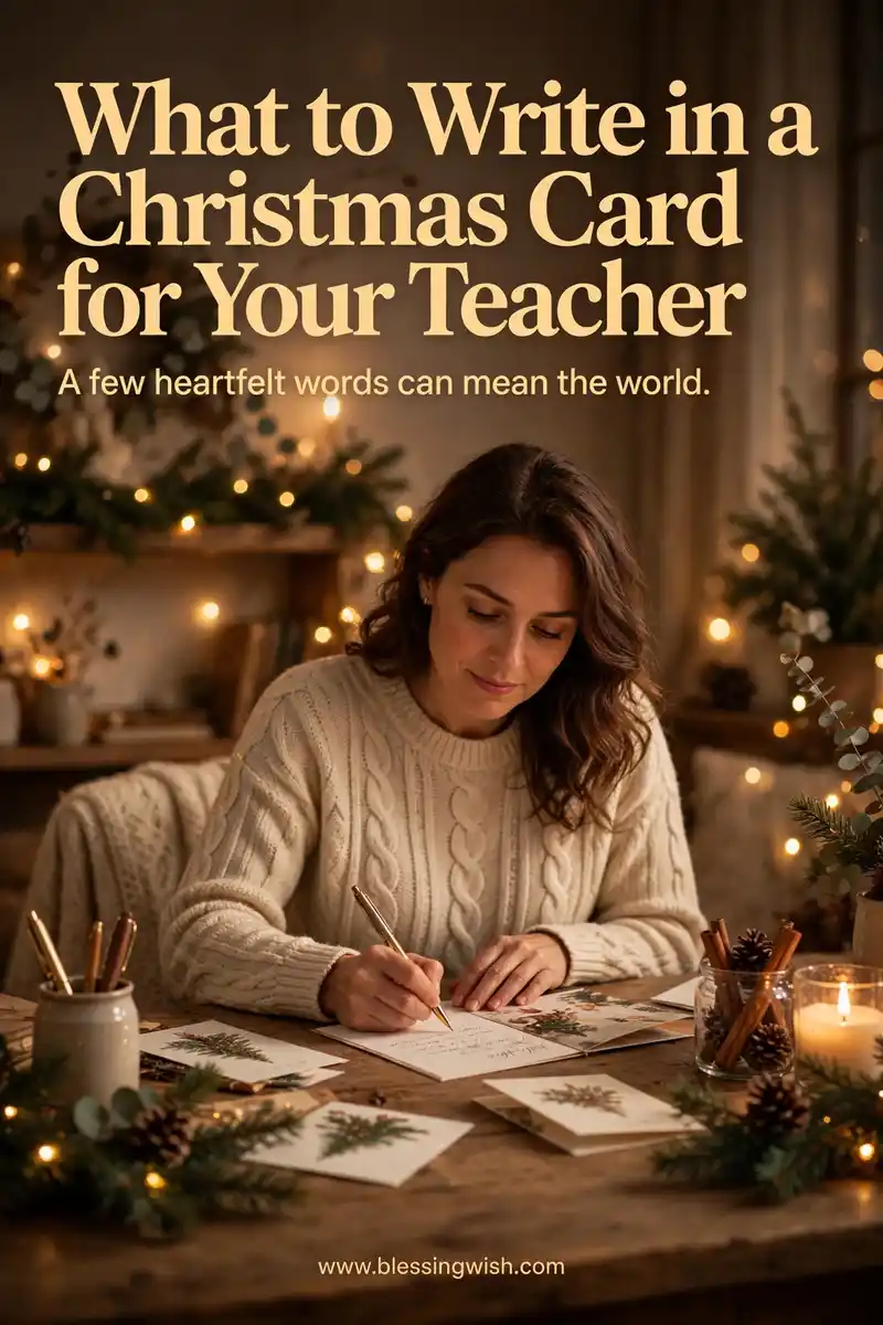 Person writing a Christmas card at a cozy desk with pens, cards and warm Christmas lights, what to write in a Christmas card for your teacher