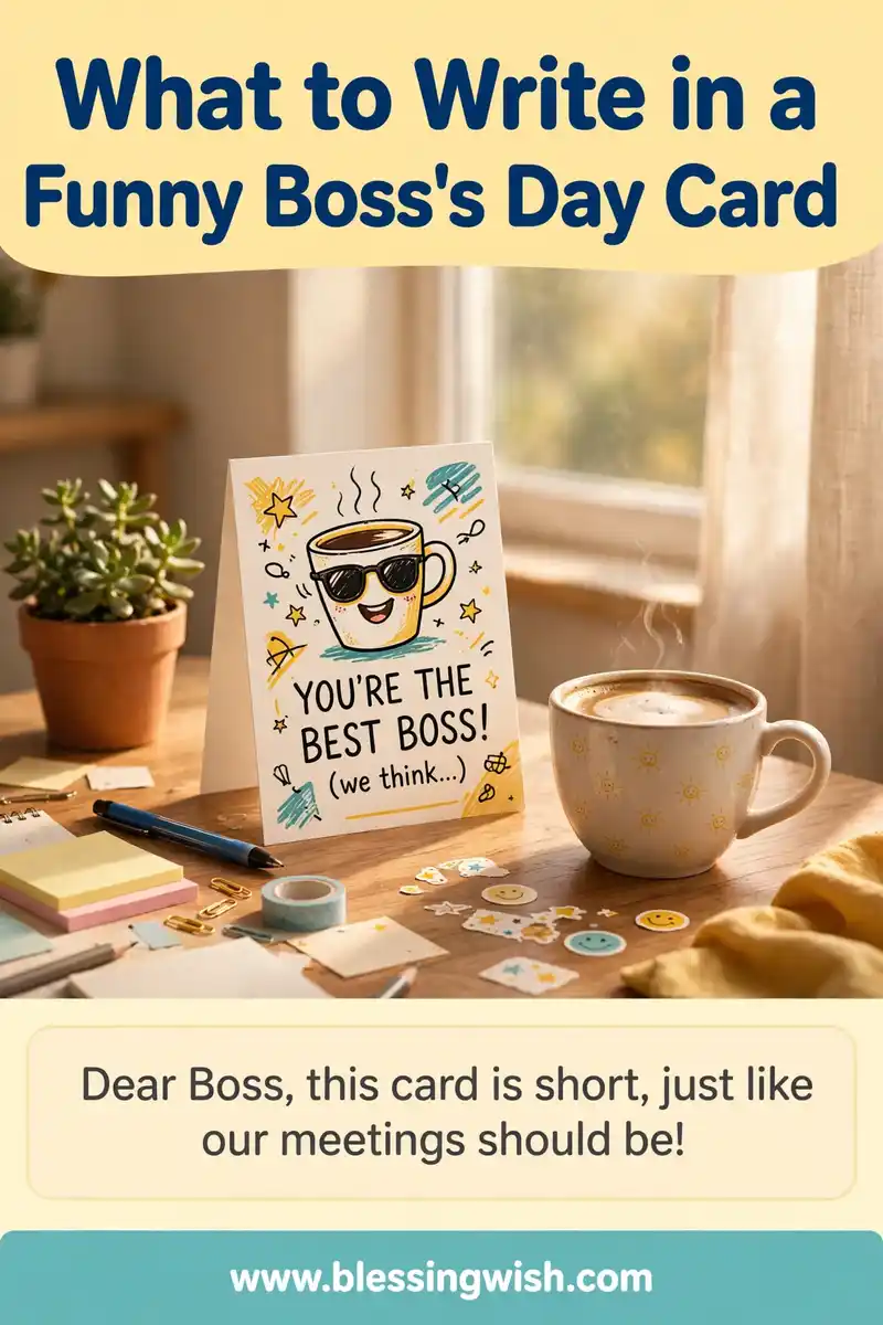 Desk with a funny greeting card, pen and coffee cup, what to write in a funny boss's day card