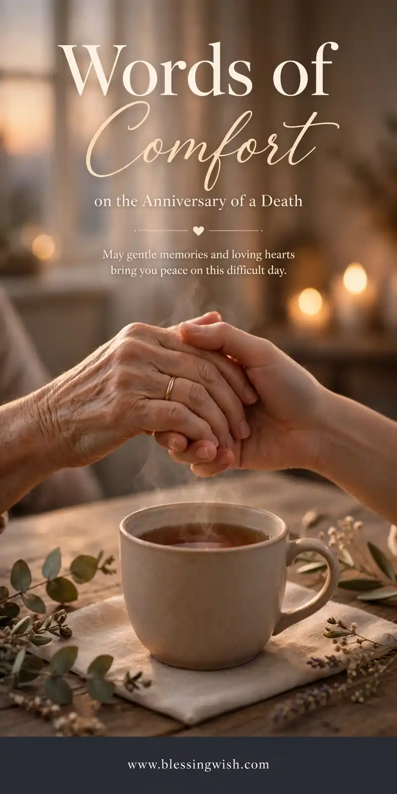 Hands holding over a cup of tea in warm light, words of comfort on the anniversary of a death